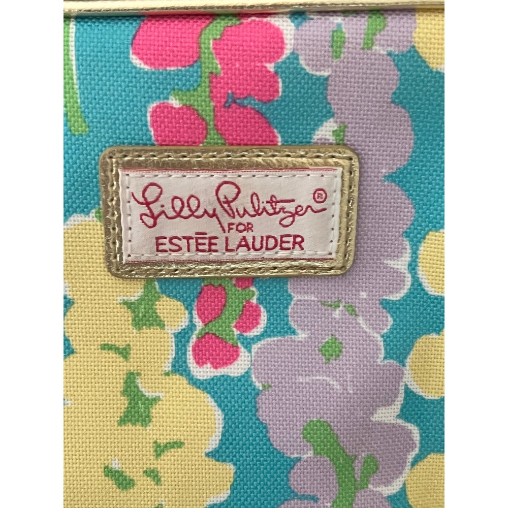 Lilly Pulitzer for Estee Lauder Floral Makeup Bag Cosmetic Pouch Blue Pink Gold - Picture 2 of 4